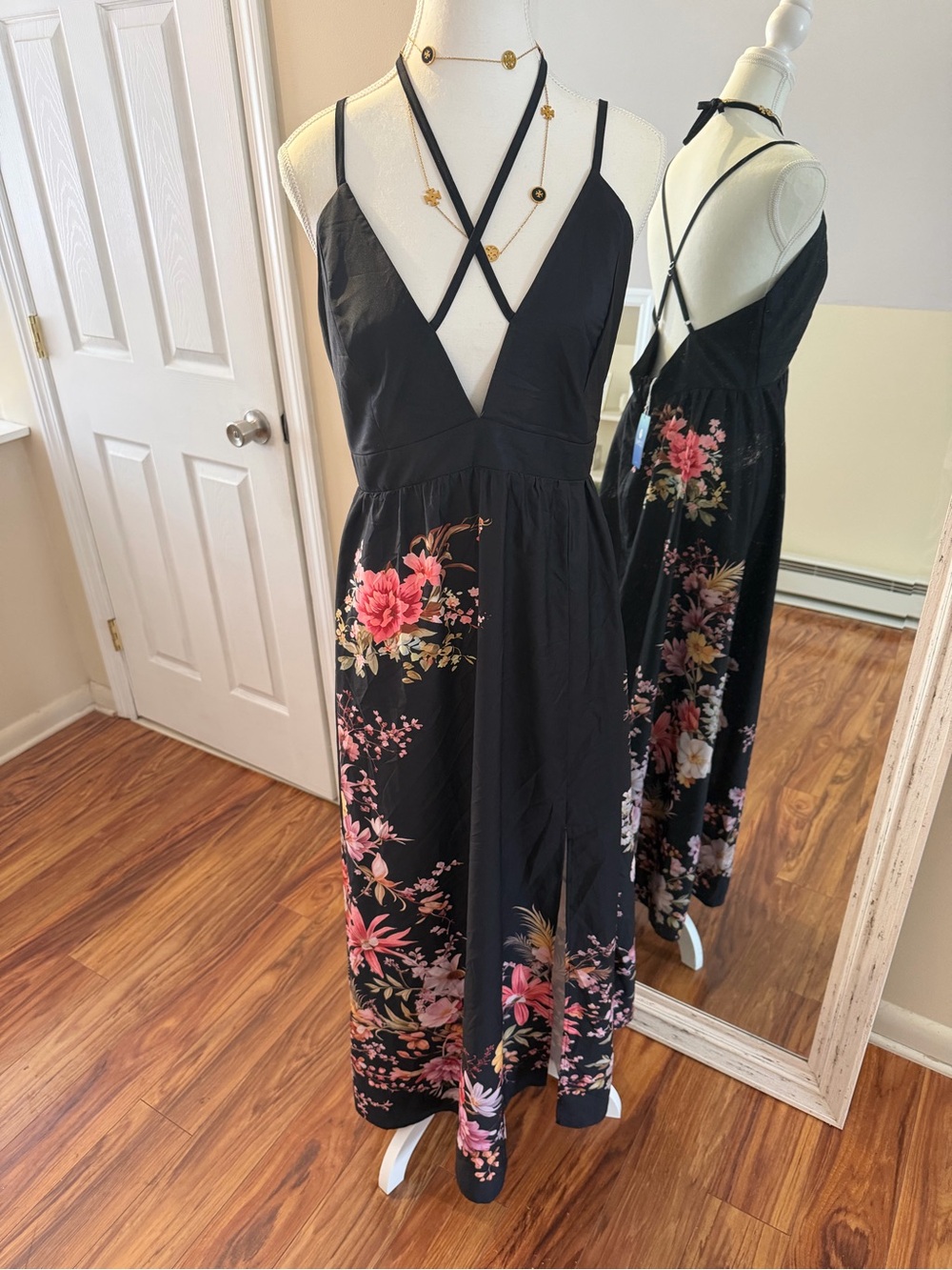 Black Floral Maxi Dress with Crisscross Straps